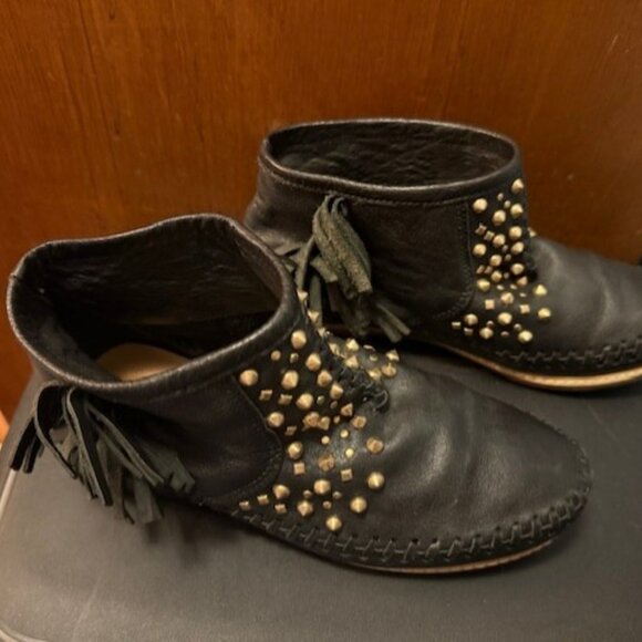 Vintage black leather studded fringe moccasins ankle booties - EU 37 - Picture 9 of 16